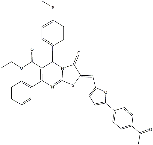 ethyl 2-{[5-(4-acetylphenyl)-2-furyl]methylene}-5-[4-(methylsulfanyl)phenyl]-3-oxo-7-phenyl-2,3-dihydro-5H-[1,3]thiazolo[3,2-a]pyrimidine-6-carboxylate Struktur