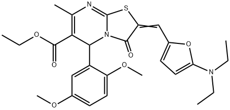 ethyl 2-{[5-(diethylamino)-2-furyl]methylene}-5-(2,5-dimethoxyphenyl)-7-methyl-3-oxo-2,3-dihydro-5H-[1,3]thiazolo[3,2-a]pyrimidine-6-carboxylate Struktur