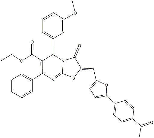 ethyl 2-{[5-(4-acetylphenyl)-2-furyl]methylene}-5-(3-methoxyphenyl)-3-oxo-7-phenyl-2,3-dihydro-5H-[1,3]thiazolo[3,2-a]pyrimidine-6-carboxylate Struktur