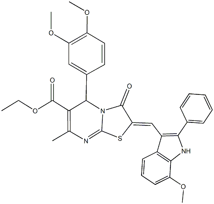 ethyl 5-(3,4-dimethoxyphenyl)-2-[(7-methoxy-2-phenyl-1H-indol-3-yl)methylene]-7-methyl-3-oxo-2,3-dihydro-5H-[1,3]thiazolo[3,2-a]pyrimidine-6-carboxylate Struktur