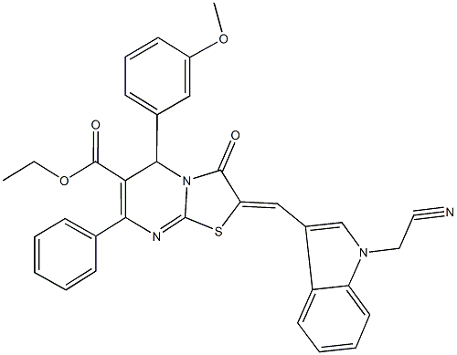 ethyl 2-{[1-(cyanomethyl)-1H-indol-3-yl]methylene}-5-(3-methoxyphenyl)-3-oxo-7-phenyl-2,3-dihydro-5H-[1,3]thiazolo[3,2-a]pyrimidine-6-carboxylate Struktur