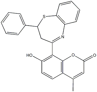 7-hydroxy-4-methyl-8-(2-phenyl-2,3-dihydro-1,5-benzothiazepin-4-yl)-2H-chromen-2-one Struktur