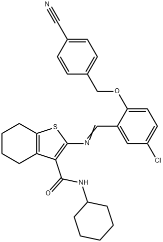 2-({5-chloro-2-[(4-cyanobenzyl)oxy]benzylidene}amino)-N-cyclohexyl-4,5,6,7-tetrahydro-1-benzothiophene-3-carboxamide Struktur