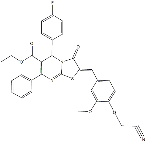 ethyl 2-[4-(cyanomethoxy)-3-methoxybenzylidene]-5-(4-fluorophenyl)-3-oxo-7-phenyl-2,3-dihydro-5H-[1,3]thiazolo[3,2-a]pyrimidine-6-carboxylate Struktur