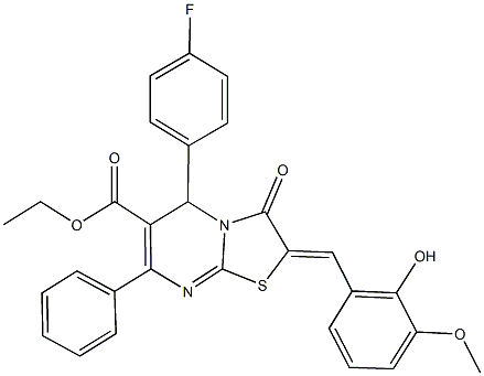 ethyl 5-(4-fluorophenyl)-2-(2-hydroxy-3-methoxybenzylidene)-3-oxo-7-phenyl-2,3-dihydro-5H-[1,3]thiazolo[3,2-a]pyrimidine-6-carboxylate Struktur