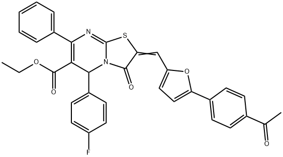 ethyl 2-{[5-(4-acetylphenyl)-2-furyl]methylene}-5-(4-fluorophenyl)-3-oxo-7-phenyl-2,3-dihydro-5H-[1,3]thiazolo[3,2-a]pyrimidine-6-carboxylate Struktur