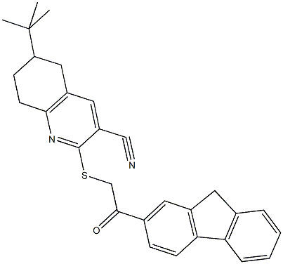 6-tert-butyl-2-{[2-(9H-fluoren-2-yl)-2-oxoethyl]sulfanyl}-5,6,7,8-tetrahydro-3-quinolinecarbonitrile Struktur