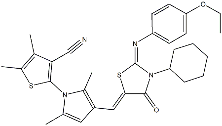 2-[3-({3-cyclohexyl-2-[(4-ethoxyphenyl)imino]-4-oxo-1,3-thiazolidin-5-ylidene}methyl)-2,5-dimethyl-1H-pyrrol-1-yl]-4,5-dimethyl-3-thiophenecarbonitrile Struktur