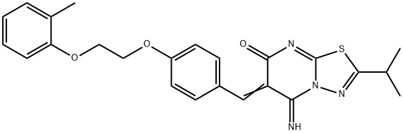 5-imino-2-isopropyl-6-{4-[2-(2-methylphenoxy)ethoxy]benzylidene}-5,6-dihydro-7H-[1,3,4]thiadiazolo[3,2-a]pyrimidin-7-one Struktur