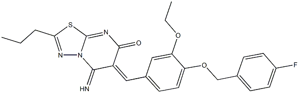 6-{3-ethoxy-4-[(4-fluorobenzyl)oxy]benzylidene}-5-imino-2-propyl-5,6-dihydro-7H-[1,3,4]thiadiazolo[3,2-a]pyrimidin-7-one Struktur