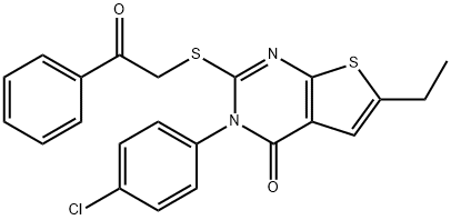 3-(4-chlorophenyl)-6-ethyl-2-[(2-oxo-2-phenylethyl)sulfanyl]thieno[2,3-d]pyrimidin-4(3H)-one Struktur