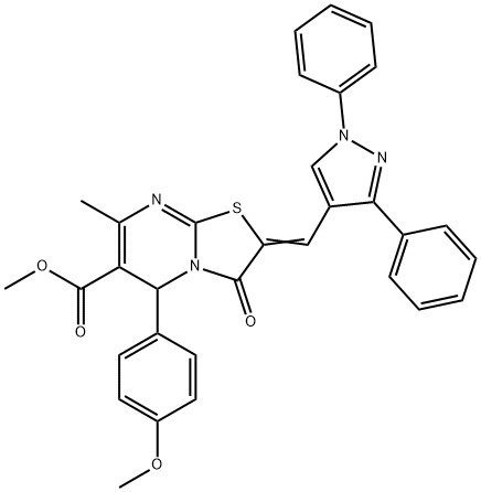 methyl 2-[(1,3-diphenyl-1H-pyrazol-4-yl)methylene]-5-(4-methoxyphenyl)-7-methyl-3-oxo-2,3-dihydro-5H-[1,3]thiazolo[3,2-a]pyrimidine-6-carboxylate Struktur