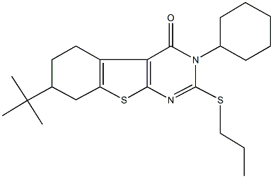 7-tert-butyl-3-cyclohexyl-2-(propylsulfanyl)-5,6,7,8-tetrahydro[1]benzothieno[2,3-d]pyrimidin-4(3H)-one Struktur