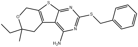 2-(benzylsulfanyl)-6-ethyl-6-methyl-5,8-dihydro-6H-pyrano[4',3':4,5]thieno[2,3-d]pyrimidin-4-ylamine Struktur