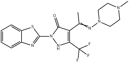 2-(1,3-benzothiazol-2-yl)-4-[N-(4-methyl-1-piperazinyl)ethanimidoyl]-5-(trifluoromethyl)-1,2-dihydro-3H-pyrazol-3-one Struktur