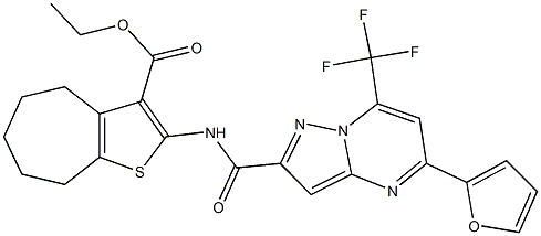 ethyl 2-({[5-(2-furyl)-7-(trifluoromethyl)pyrazolo[1,5-a]pyrimidin-2-yl]carbonyl}amino)-5,6,7,8-tetrahydro-4H-cyclohepta[b]thiophene-3-carboxylate Struktur