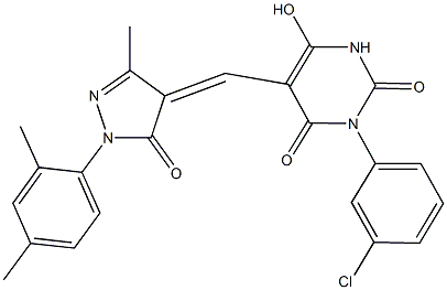 3-(3-chlorophenyl)-5-{[1-(2,4-dimethylphenyl)-3-methyl-5-oxo-1,5-dihydro-4H-pyrazol-4-ylidene]methyl}-6-hydroxy-2,4(1H,3H)-pyrimidinedione Struktur