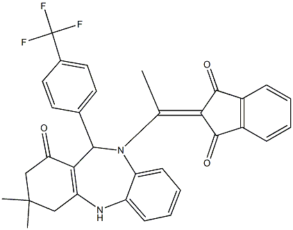 2-(1-{3,3-dimethyl-1-oxo-11-[4-(trifluoromethyl)phenyl]-1,2,3,4,5,11-hexahydro-10H-dibenzo[b,e][1,4]diazepin-10-yl}ethylidene)-1H-indene-1,3(2H)-dione Struktur