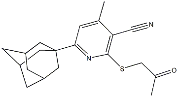 6-(1-adamantyl)-4-methyl-2-[(2-oxopropyl)sulfanyl]nicotinonitrile Struktur