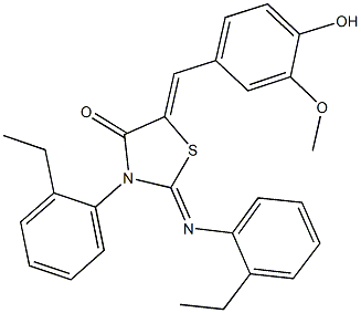 3-(2-ethylphenyl)-2-[(2-ethylphenyl)imino]-5-(4-hydroxy-3-methoxybenzylidene)-1,3-thiazolidin-4-one Struktur