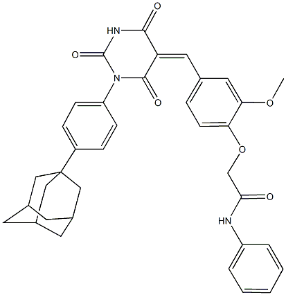 2-{4-[(1-[4-(1-adamantyl)phenyl]-2,4,6-trioxotetrahydro-5(2H)-pyrimidinylidene)methyl]-2-methoxyphenoxy}-N-phenylacetamide Struktur