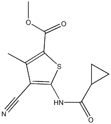 methyl 4-cyano-5-[(cyclopropylcarbonyl)amino]-3-methyl-2-thiophenecarboxylate Struktur