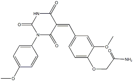 2-{2-methoxy-4-[(1-(4-methoxyphenyl)-2,4,6-trioxotetrahydro-5(2H)-pyrimidinylidene)methyl]phenoxy}acetamide Struktur