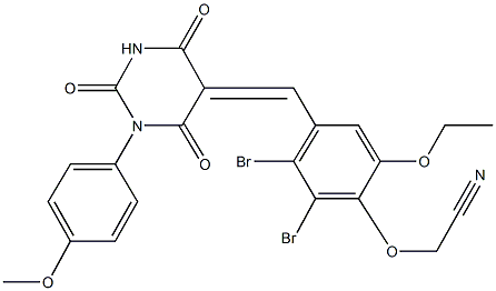 2-(2,3-dibromo-6-ethoxy-4-{[1-(4-methoxyphenyl)-2,4,6-trioxotetrahydro-5(2H)-pyrimidinylidene]methyl}phenoxy)acetonitrile Struktur