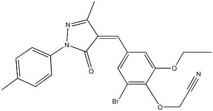 2-(2-bromo-6-ethoxy-4-{[3-methyl-1-(4-methylphenyl)-5-oxo-1,5-dihydro-4H-pyrazol-4-ylidene]methyl}phenoxy)acetonitrile Struktur