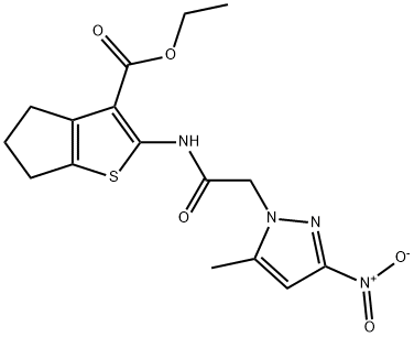 ethyl 2-[({3-nitro-5-methyl-1H-pyrazol-1-yl}acetyl)amino]-5,6-dihydro-4H-cyclopenta[b]thiophene-3-carboxylate Struktur