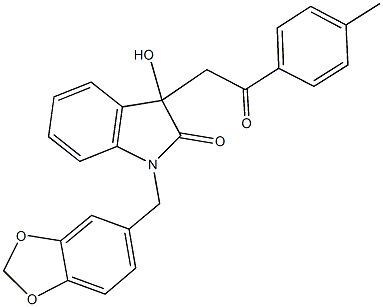 1-(1,3-benzodioxol-5-ylmethyl)-3-hydroxy-3-[2-(4-methylphenyl)-2-oxoethyl]-1,3-dihydro-2H-indol-2-one Struktur