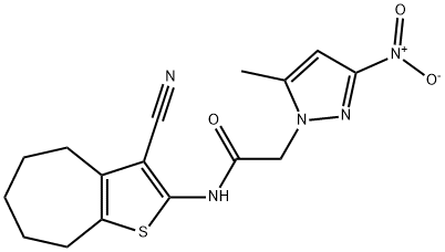 N-(3-cyano-5,6,7,8-tetrahydro-4H-cyclohepta[b]thien-2-yl)-2-{3-nitro-5-methyl-1H-pyrazol-1-yl}acetamide Struktur