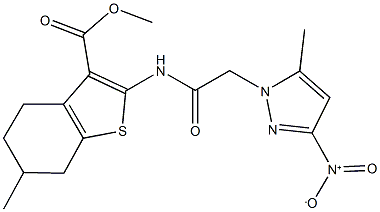 methyl 2-[({3-nitro-5-methyl-1H-pyrazol-1-yl}acetyl)amino]-6-methyl-4,5,6,7-tetrahydro-1-benzothiophene-3-carboxylate Struktur