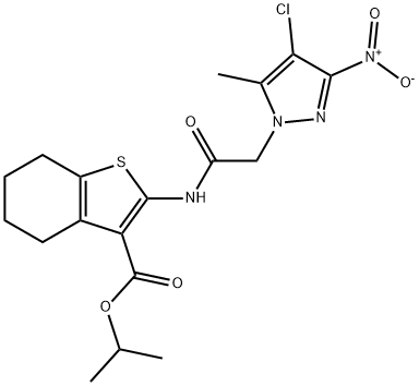 isopropyl 2-[({4-chloro-3-nitro-5-methyl-1H-pyrazol-1-yl}acetyl)amino]-4,5,6,7-tetrahydro-1-benzothiophene-3-carboxylate Struktur