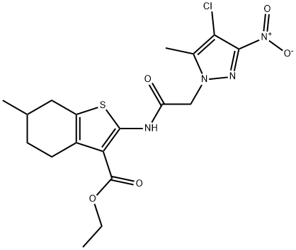 ethyl 2-[({4-chloro-3-nitro-5-methyl-1H-pyrazol-1-yl}acetyl)amino]-6-methyl-4,5,6,7-tetrahydro-1-benzothiophene-3-carboxylate Struktur