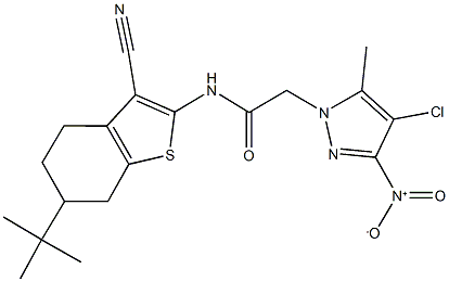 N-(6-tert-butyl-3-cyano-4,5,6,7-tetrahydro-1-benzothien-2-yl)-2-{4-chloro-3-nitro-5-methyl-1H-pyrazol-1-yl}acetamide Struktur