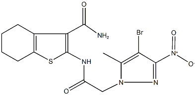 2-[({4-bromo-3-nitro-5-methyl-1H-pyrazol-1-yl}acetyl)amino]-4,5,6,7-tetrahydro-1-benzothiophene-3-carboxamide Struktur