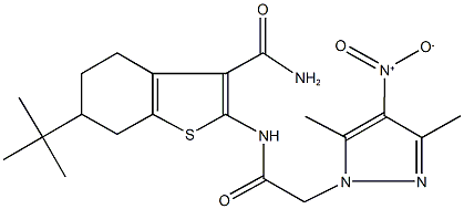 6-tert-butyl-2-[({4-nitro-3,5-dimethyl-1H-pyrazol-1-yl}acetyl)amino]-4,5,6,7-tetrahydro-1-benzothiophene-3-carboxamide Struktur