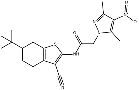 N-(6-tert-butyl-3-cyano-4,5,6,7-tetrahydro-1-benzothien-2-yl)-2-{4-nitro-3,5-dimethyl-1H-pyrazol-1-yl}acetamide Struktur