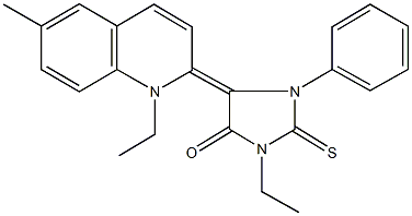 3-ethyl-5-(1-ethyl-6-methyl-2(1H)-quinolinylidene)-1-phenyl-2-thioxo-4-imidazolidinone Struktur