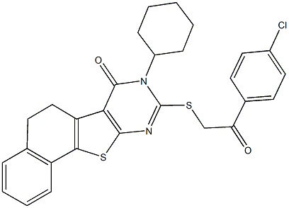 9-{[2-(4-chlorophenyl)-2-oxoethyl]sulfanyl}-8-cyclohexyl-5,8-dihydronaphtho[2',1':4,5]thieno[2,3-d]pyrimidin-7(6H)-one Struktur