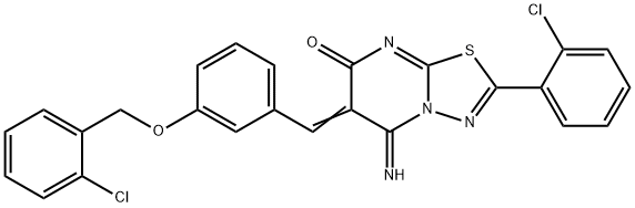 6-{3-[(2-chlorobenzyl)oxy]benzylidene}-2-(2-chlorophenyl)-5-imino-5,6-dihydro-7H-[1,3,4]thiadiazolo[3,2-a]pyrimidin-7-one Struktur