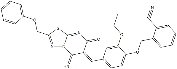 2-({2-ethoxy-4-[(5-imino-7-oxo-2-(phenoxymethyl)-5H-[1,3,4]thiadiazolo[3,2-a]pyrimidin-6(7H)-ylidene)methyl]phenoxy}methyl)benzonitrile Struktur