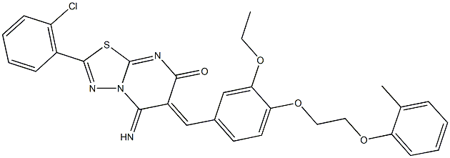 2-(2-chlorophenyl)-6-{3-ethoxy-4-[2-(2-methylphenoxy)ethoxy]benzylidene}-5-imino-5,6-dihydro-7H-[1,3,4]thiadiazolo[3,2-a]pyrimidin-7-one Struktur