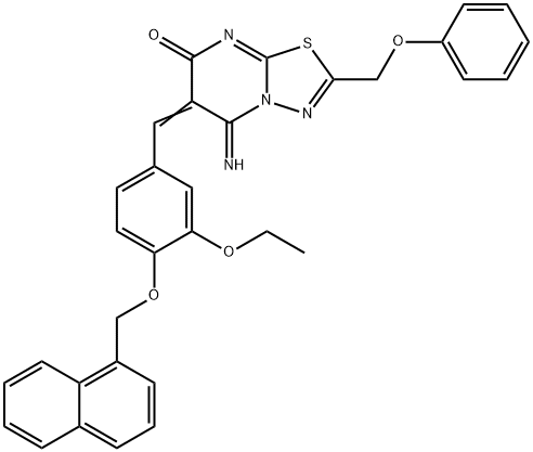 6-[3-ethoxy-4-(1-naphthylmethoxy)benzylidene]-5-imino-2-(phenoxymethyl)-5,6-dihydro-7H-[1,3,4]thiadiazolo[3,2-a]pyrimidin-7-one Struktur