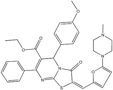 ethyl 5-(4-methoxyphenyl)-2-{[5-(4-methyl-1-piperazinyl)-2-furyl]methylene}-3-oxo-7-phenyl-2,3-dihydro-5H-[1,3]thiazolo[3,2-a]pyrimidine-6-carboxylate Struktur