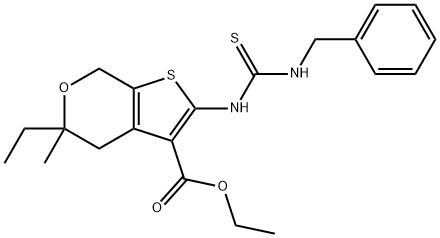 ethyl 2-{[(benzylamino)carbothioyl]amino}-5-ethyl-5-methyl-4,7-dihydro-5H-thieno[2,3-c]pyran-3-carboxylate Struktur