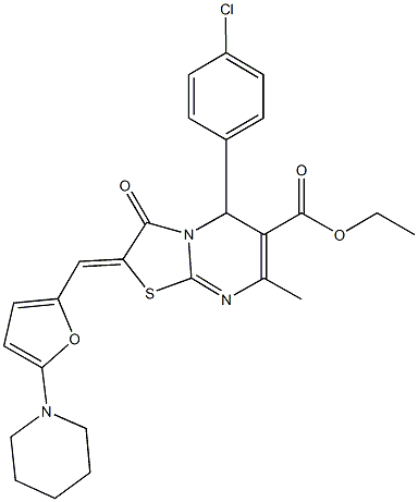 ethyl 5-(4-chlorophenyl)-7-methyl-3-oxo-2-{[5-(1-piperidinyl)-2-furyl]methylene}-2,3-dihydro-5H-[1,3]thiazolo[3,2-a]pyrimidine-6-carboxylate Struktur