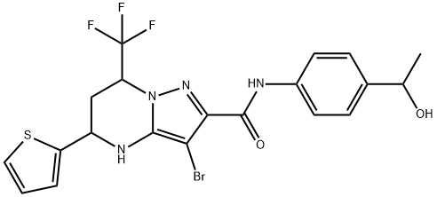 3-bromo-N-[4-(1-hydroxyethyl)phenyl]-5-(2-thienyl)-7-(trifluoromethyl)-4,5,6,7-tetrahydropyrazolo[1,5-a]pyrimidine-2-carboxamide Struktur