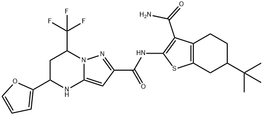 N-[3-(aminocarbonyl)-6-tert-butyl-4,5,6,7-tetrahydro-1-benzothien-2-yl]-5-(2-furyl)-7-(trifluoromethyl)-4,5,6,7-tetrahydropyrazolo[1,5-a]pyrimidine-2-carboxamide Struktur